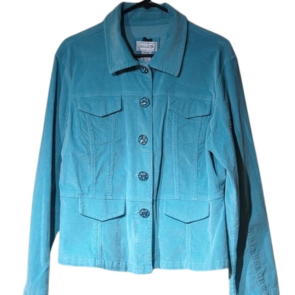 Live a Little Vtg Cotton Stretch Turquoise Corduroy Embellished Jacket Sz XL